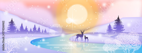 Day winter landscape with deer silhouette, northern sun, frozen river, pine trees forest. Magic holiday background with snow, white bushes, foggy sky. Christmas winter vector landscape in flat style
