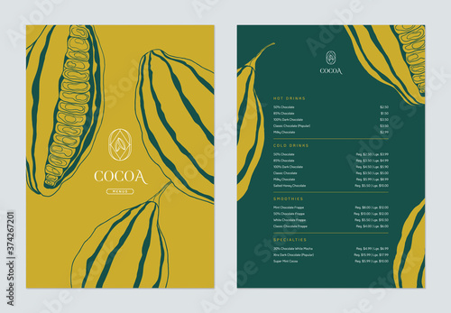 Beverage menu template design, line art illustration of cocoa beans in green and yellow