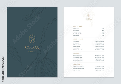 Beverage menu template design, line art illustration of cocoa beans in blue tone