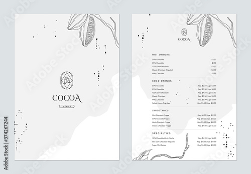 Beverage menu template design, line art illustration of cocoa beans in grey tone