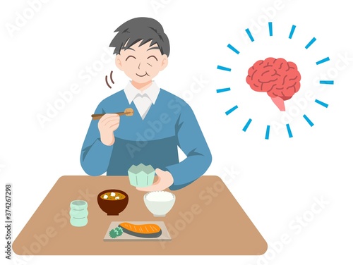 認知症予防のため、よく噛んで食事をする中年男性のイラスト