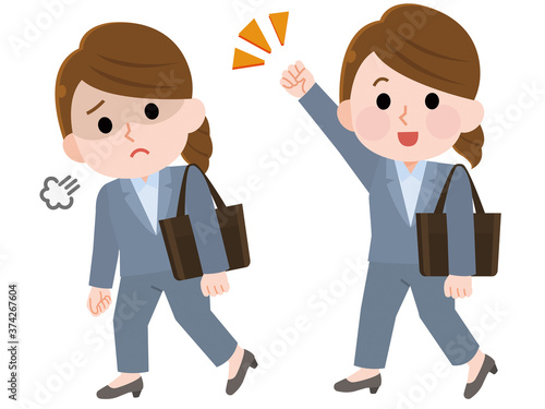 疲れている会社員女性　元気な会社員女性　イラスト