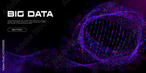 Big Data visualization. Big Data abstract curved flow of particles with bokeh effect and copy space. Depth of Field Effect DoF. Dark science technology background. Vector