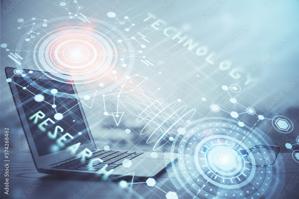 Double exposure of computer and technology theme hologram. Concept of freelance work. Double exposure of computer and technology theme hologram. Concept of freelance work.
