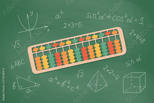 Abacus soroban for learning mental arithmetic for kids. Concept of illustration of the Japanese system of mental math. Hand drawn vector illustration on school chalkboard background