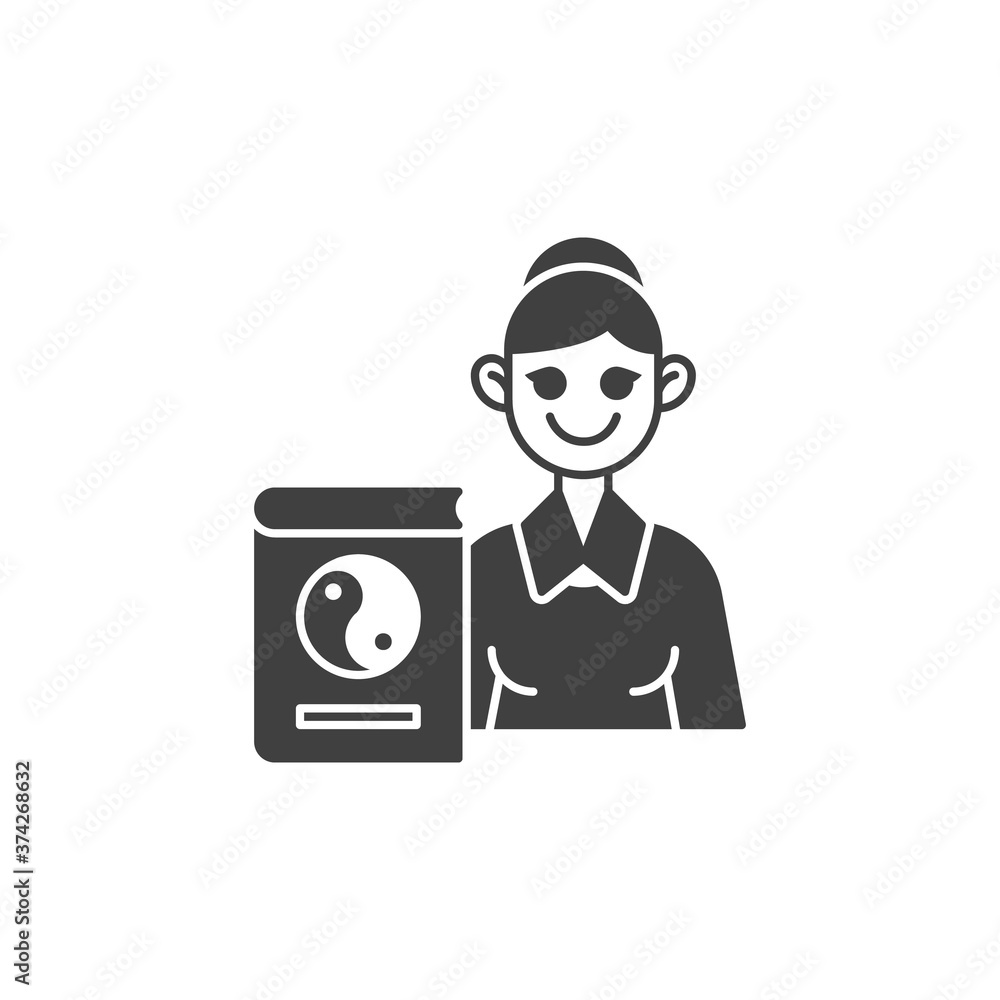 Philosophy teacher vector icon. filled flat sign for mobile concept and web design. Woman teacher with Yin Yang book glyph icon. Symbol, logo illustration. Vector graphics Philosophy teacher vector icon. filled flat sign for mobile concept and web design. Woman teacher with Yin Yang book glyph icon. Symbol, logo illustration. Vector graphics