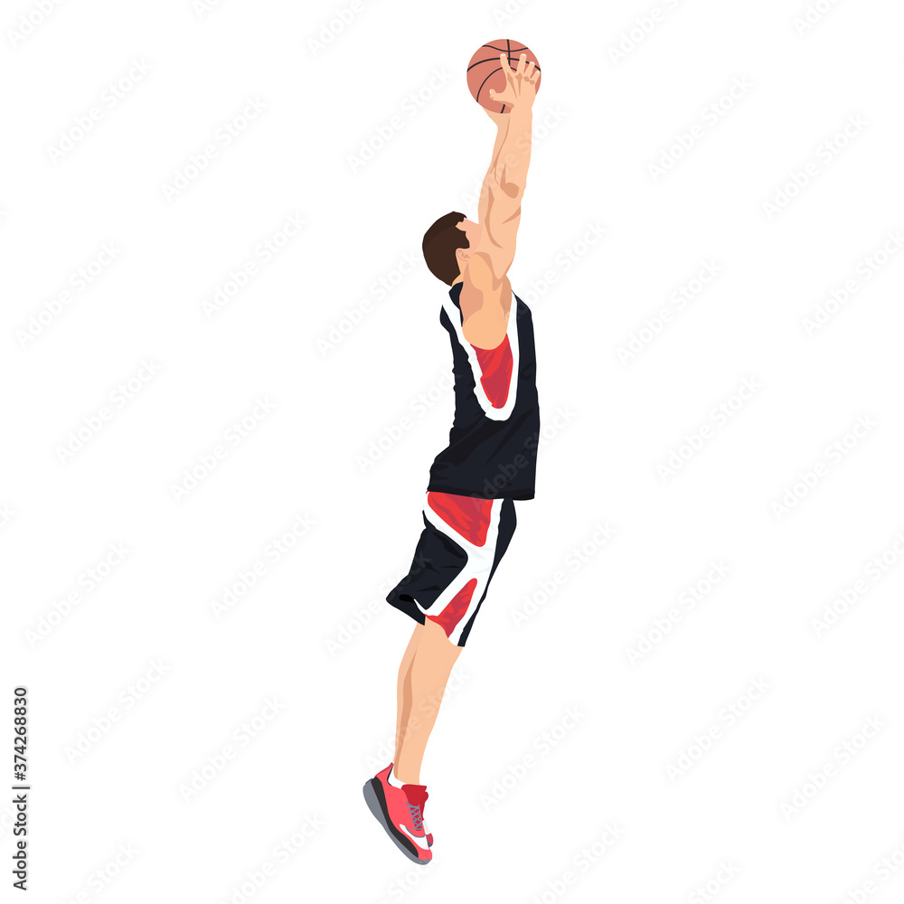 Professional basketball player jumping and shooting ball into the hoop, vector illustration Professional basketball player jumping and shooting ball into the hoop, vector illustration