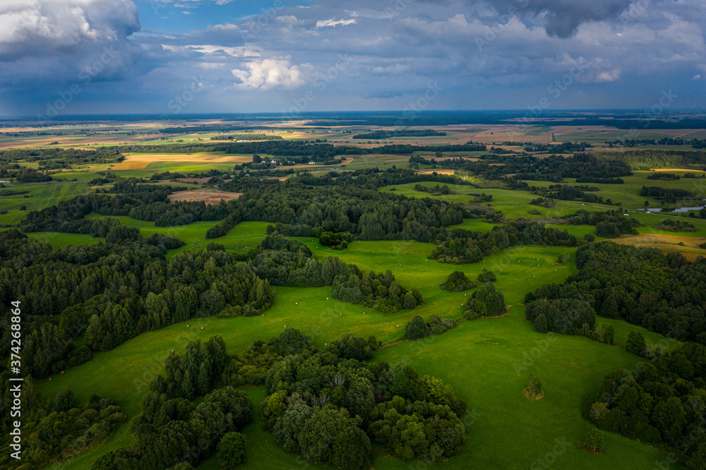 Beautiful aerial view of the countryside with green meadows and trees