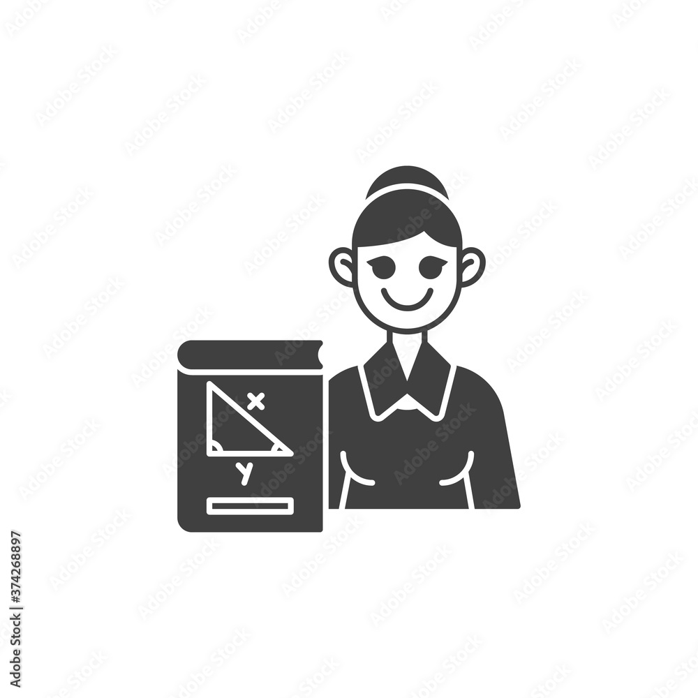Geometry teacher vector icon. filled flat sign for mobile concept and web design. Woman teacher with geometry book glyph icon. Symbol, logo illustration. Vector graphics Geometry teacher vector icon. filled flat sign for mobile concept and web design. Woman teacher with geometry book glyph icon. Symbol, logo illustration. Vector graphics