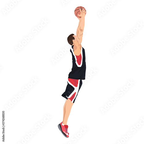 Professional basketball player jumping and shooting ball into the hoop, vector illustration