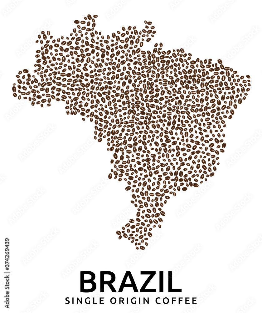 Fototapeta premium Shape of Brazil map made of scattered coffee beans, country name below