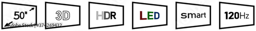Set of TV technology icons - simple text signs on tilted screen