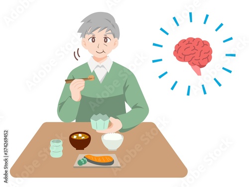 認知症予防のため、よく噛んで食事をする高齢者のイラスト