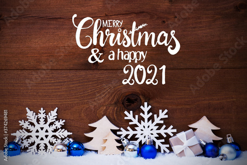 Christmas Tree, Blue Ball, Snow, Merry Christmas And Happy 2021