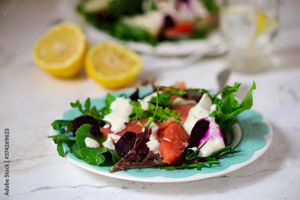 Smoked salmon salad.selective focus. Smoked salmon salad.selective focus.