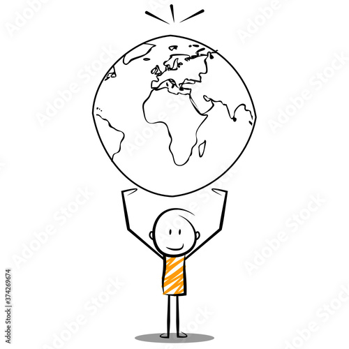 World tourism day series.cartoon stickman hold earth. vector illustration.