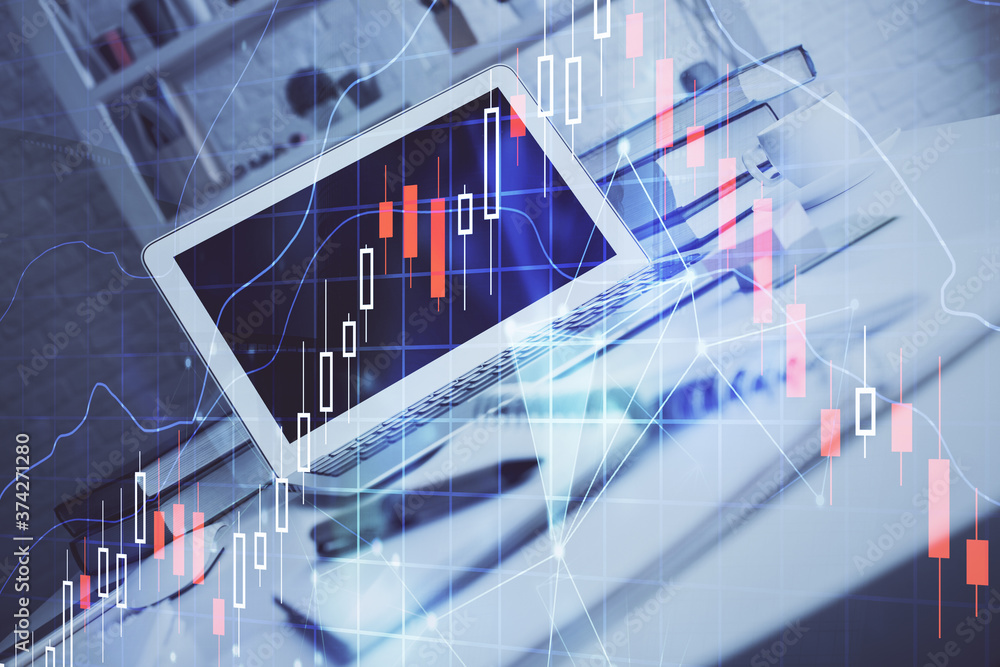 Stock market graph and table with computer background. Double exposure. Concept of financial analysis. Stock market graph and table with computer background. Double exposure. Concept of financial analysis.