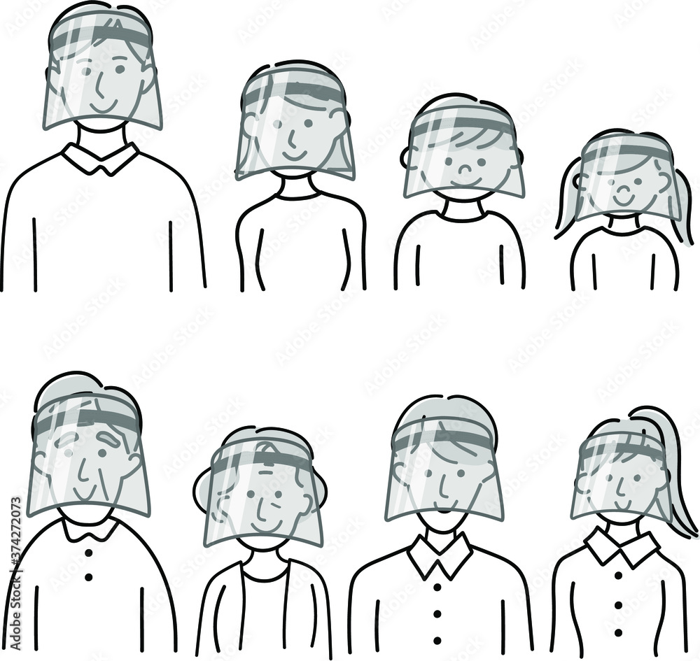 Illustration of a family wearing a Face shield black and White Illustration of a family wearing a Face shield black and White