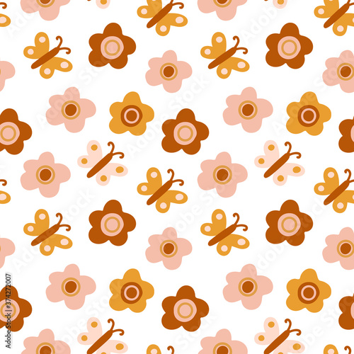 Vector seamless pattern with boho colors butterflies and flowers on white. Perfect decoration for kids playroom and bedroom, wallpapers, fabrics. Muted trendy colors. Wrapping papers, covers, textile.