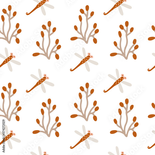 Vector seamless pattern with boho colors dragonflies and  sprigs on white. Perfect decoration for kids playroom and bedroom, wallpapers, fabrics. Muted trendy colors. Wrapping papers, covers, textile.