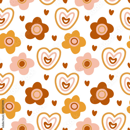 Vector seamless pattern with boho style hearts  and flowers on white. Perfect decoration for kids playroom and bedroom, wallpapers, fabrics. Muted trendy colors. Wrapping papers, covers, textile.