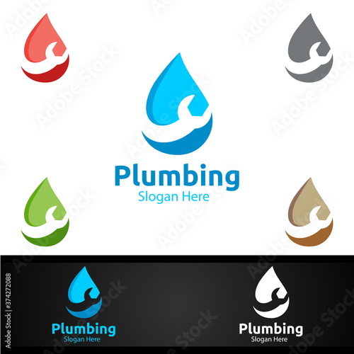 Plumbing Logo with Water and Fix Home Concept