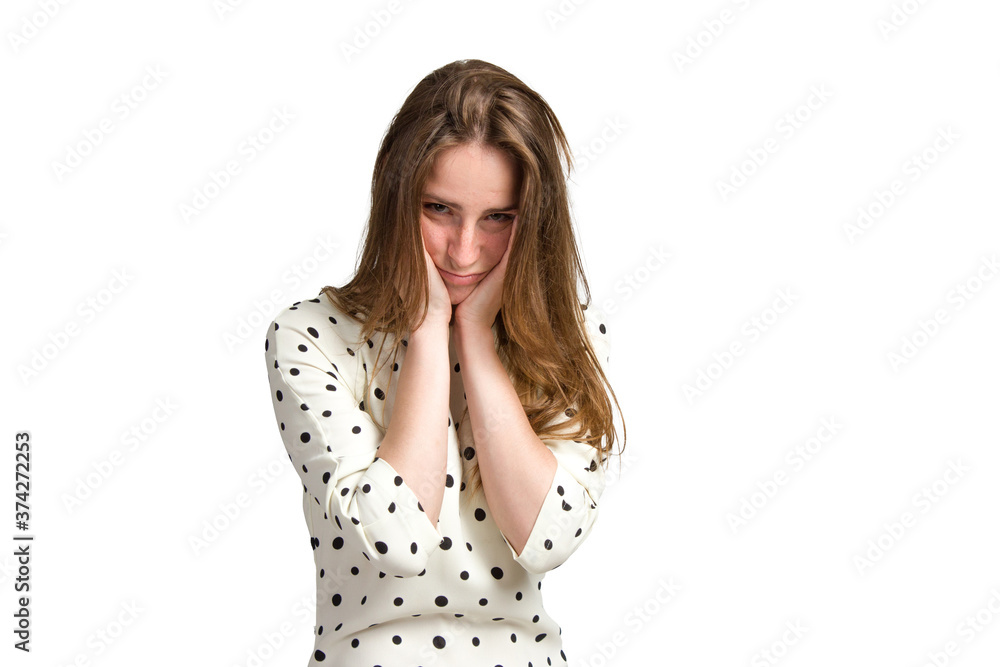 A young woman with long brown hair and a white polka-dot dress. A young woman with long brown hair and a white polka-dot dress.