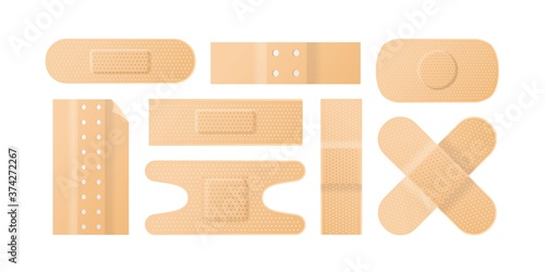 Set of realistic perforated plaster patch or tape vector illustration. Collection of first aid elements or sterile medical skin protector isolated on white. Adhesive dressings for wounds and injuries