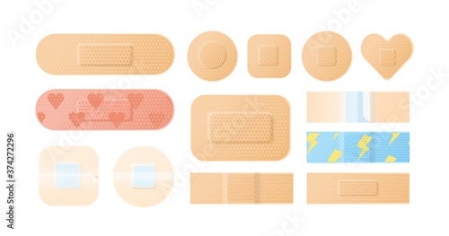 Collection of sterile medical protector elements vector illustration. Bundle of perforated and adhesive sides realistic patch and plaster isolated. Flesh colored, bright, childish and girlish tape