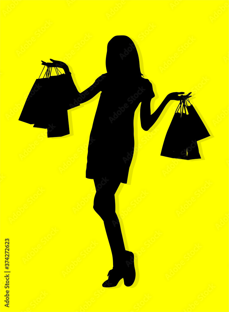 Silhouette of Slim Woman with Shopping Bags - Black Illustration