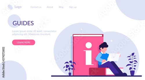 Guides Online Version. Man sitting on a book is studying manuals using a laptop. Modern flat vector illustration.