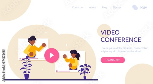 Online Video Conference concept. Man and a woman communicate via video call. How to solve work issues remotely while working  Modern flat illustration.