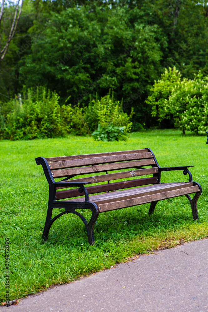 Wooden bench on the green grass in the Park Wooden bench on the green grass in the Park