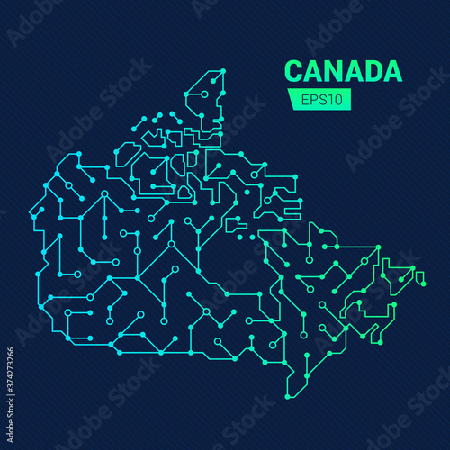 Abstract futuristic map of Canada. Electric circuit of the country. Technology background.