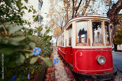 Old retro tram train. Attraction in Sintra, Portugal.