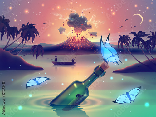 Fantasy nature landscape with blue neon glow butterflies against magic lake, river or sea and erupting volcano on island, palm trees silhouette and starry sky in vector.