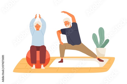 Elderly couple practicing yoga at home vector flat illustration. Active mature man and woman doing exercise on mat and aerobic ball isolated. Family enjoy sport and healthy lifestyle together