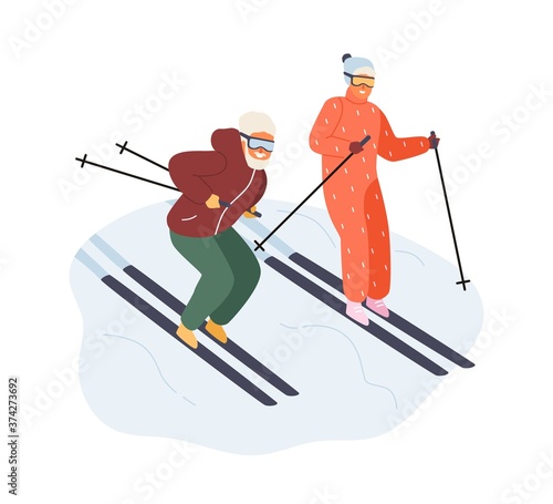 Active mature couple in sportswear ride on ski vector flat illustration. Happy man and woman enjoying outdoor winter physical activity isolated on white. Family spending time together doing sport