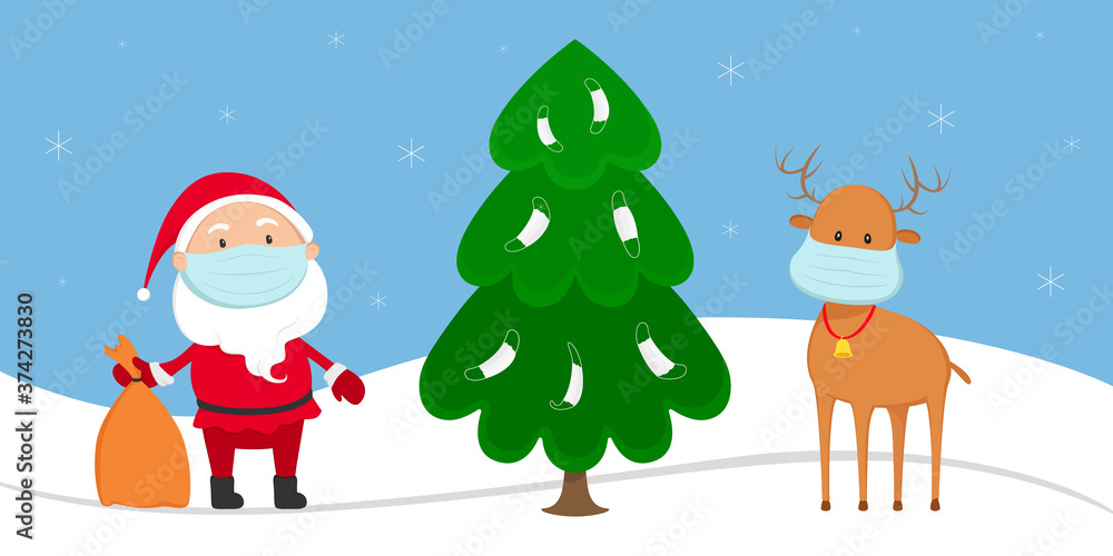 Santa Claus and reindeer in medical masks stand near Christmas tree. Vector illustration. Santa Claus and reindeer in medical masks stand near Christmas tree. Vector illustration.