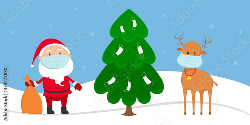 Santa Claus and reindeer in medical masks stand near Christmas tree. Vector illustration.
