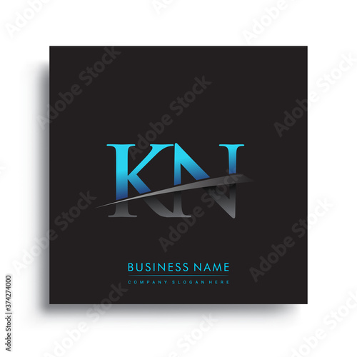 initial letter KN logotype company name colored blue and green swoosh design.