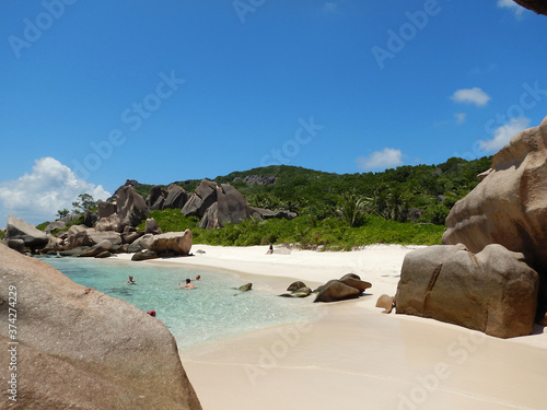 Anse Marron Beach, Seychelles. Highlighs are a Natural saltwater pool cut off from the open ocean by imposing boulder formations, beauty of the beach, beautiful sand, and the clear ocean water.
