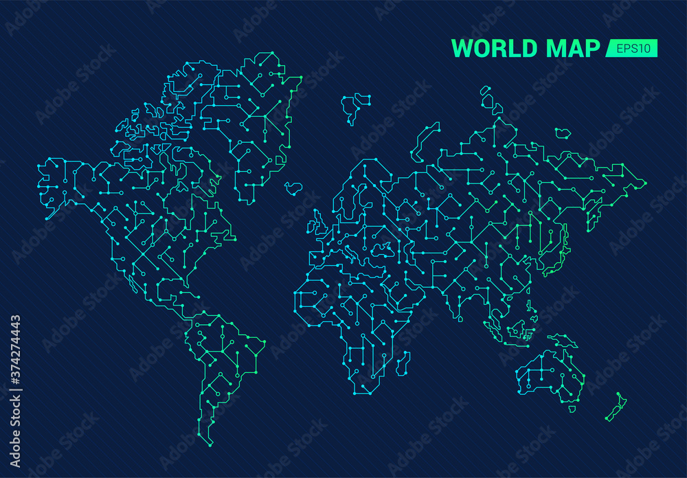 Abstract digital world map. Electric circuit of the globe. Technology background. - obrazy, fototapety, plakaty 