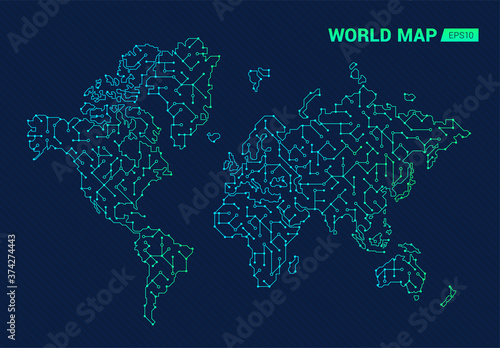 Abstract digital world map. Electric circuit of the globe. Technology background.