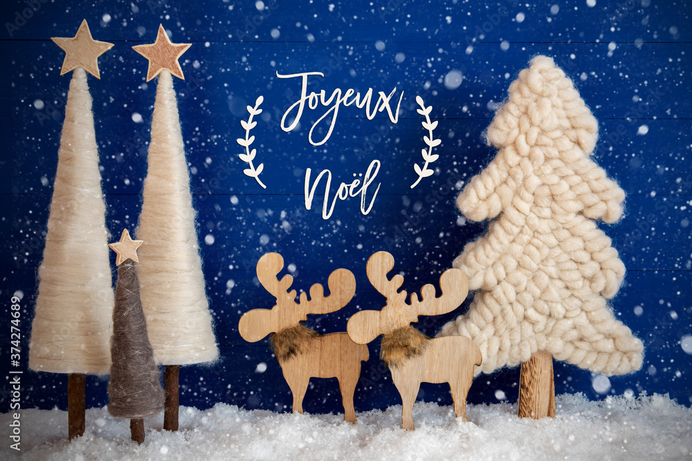 Christmas Tree, Moose, Snow, Joyeux Neol Means Merry Christmas, Snowflakes
