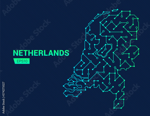 Abstract futuristic map of Netherlands. Electric circuit of the country. Technology background.