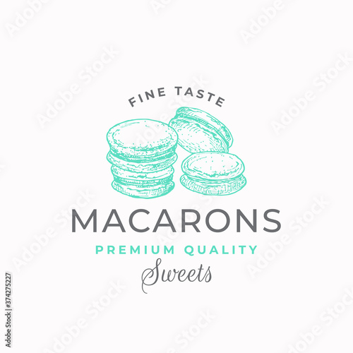 Fine Taste Macarons. Premium Quality Confectionary Abstract Sign, Symbol or Logo Template. Hand Drawn Cakes and Typography. Local Bakery Vector Emblem Concept.
