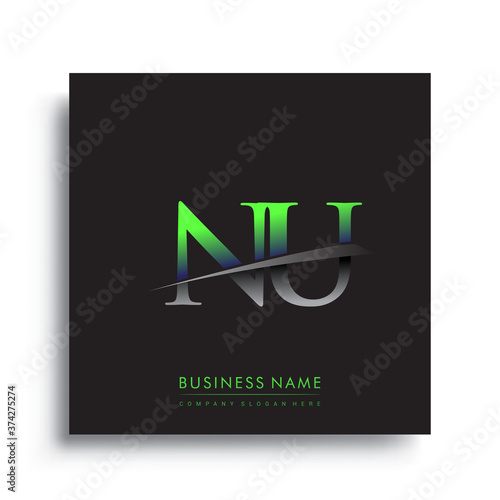 initial letter NU logotype company name colored blue and green swoosh design.