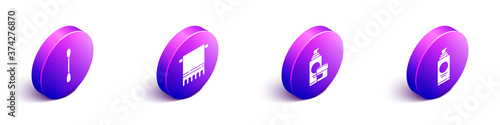 Set Isometric Cotton swab for ears, Towel on a hanger, Cream or lotion cosmetic tube and Spray can for hairspray icon. Vector.