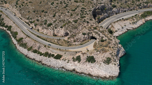 Aerial drone photo of Tunnel in Athens riviera seaside road known as hole of Karamanlis or 